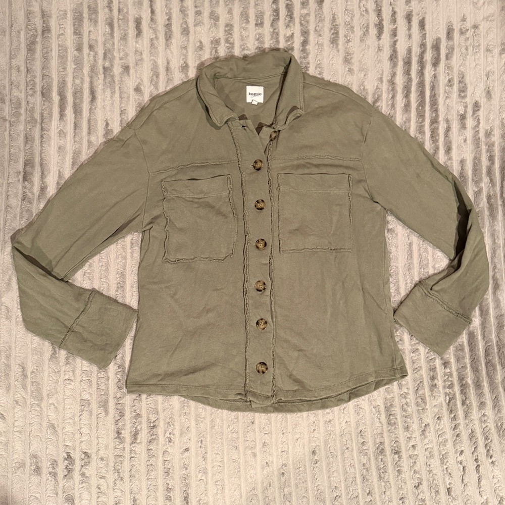 Kensie Jeans Womens Olive Green Utility Button Down Shirt Raw Edge Shacket M - Picture 2 of 7